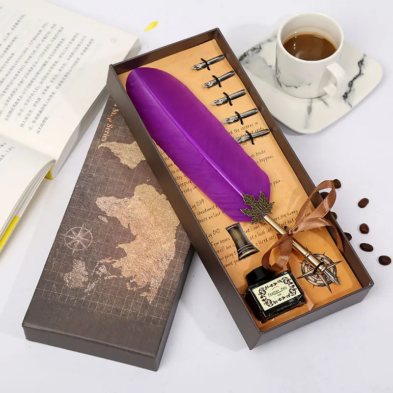 Purple Европейский перо ручка набор коричневый Подарочная коробка Упаковка Свадебный праздник изысканный подарок письма канцелярские принадлежности Гладкий Высокое качество перо - Цвет: Purple