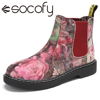 

SOCOFY Womens Retro Style Bloom Flower Decor Elastic Band Slip On Ankle Boots Female Casual Outdoor Shoes Botas Mujer 2020