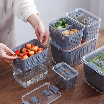 

Kitchen Plastic Storage Box Fresh-Keeping Box Refrigerator Fruit Vegetable Drain Crisper Kitchen Storage Containers With Lid