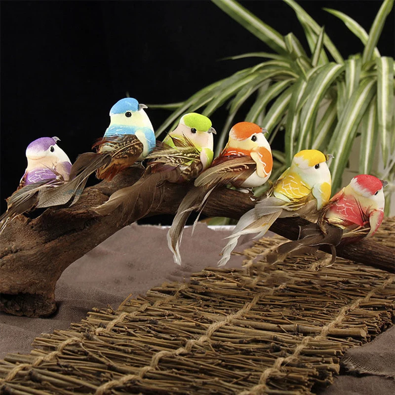 6pcs/Set Fake Feather Birds Colorful Garden Tree Decor Foam Perched Woodland Birds Outdoor Art Decor Adornment Small Figurines