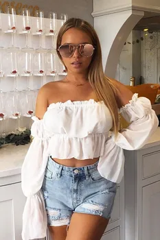 

Fashion Sexy Women Slash Neck Off Shoudler Shirt Blouses Crop Tops Long Sleeve Ruffles Stretch Shirt Outwear 2019 New Arrival