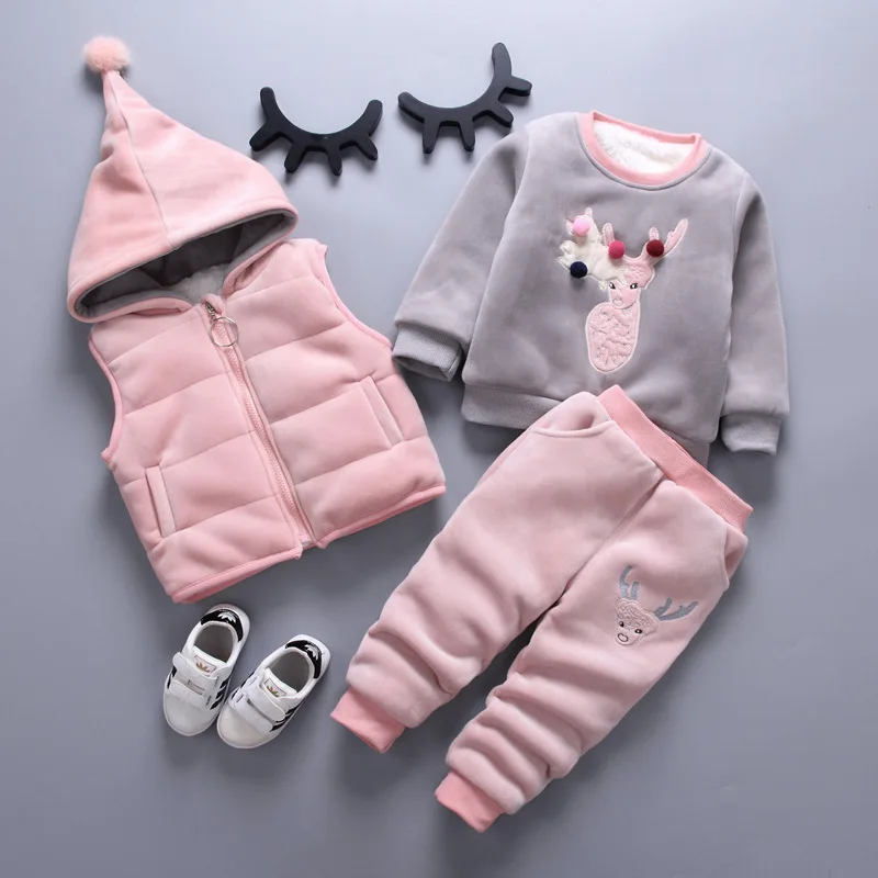 Baby boy clothes winter plus velvet thick three-piece children's warm cartoon dinosaur bear hooded sweater baby girl suit