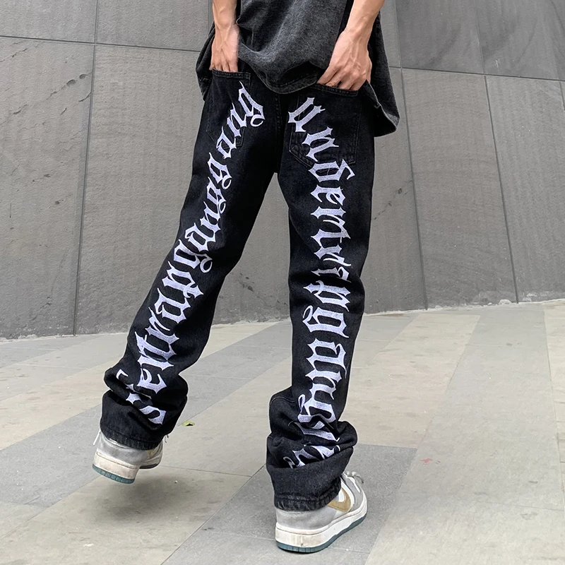 Ripped Hip Hop Hole Embroidery Jeans Men's Korean Oversize Straight Black Vibe Denim Trousers Loose Harajuku Retro Jean Pants mens slim jeans