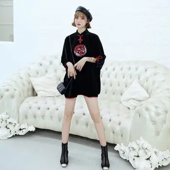 

Personalized black velvet short cheongsam young Chinese style retro fashion autumn winter modified Festival dress girl quality