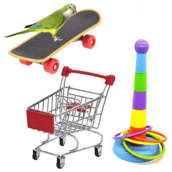 

3PCS Parrot Toys Mini Shopping Cart Training Rings Skateboard Stand Perch for Budgie Parakeet Cockatiel Conure Lovebird