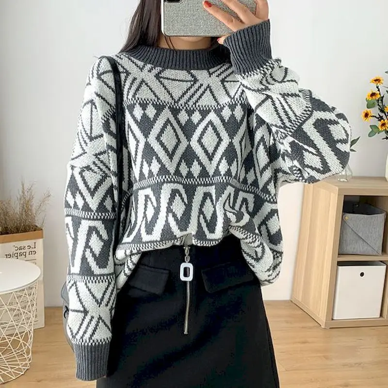 

Knit sweater pullover jacket thickened outer wear Korean version Plaid diamond female lazy style large plus size Round neck