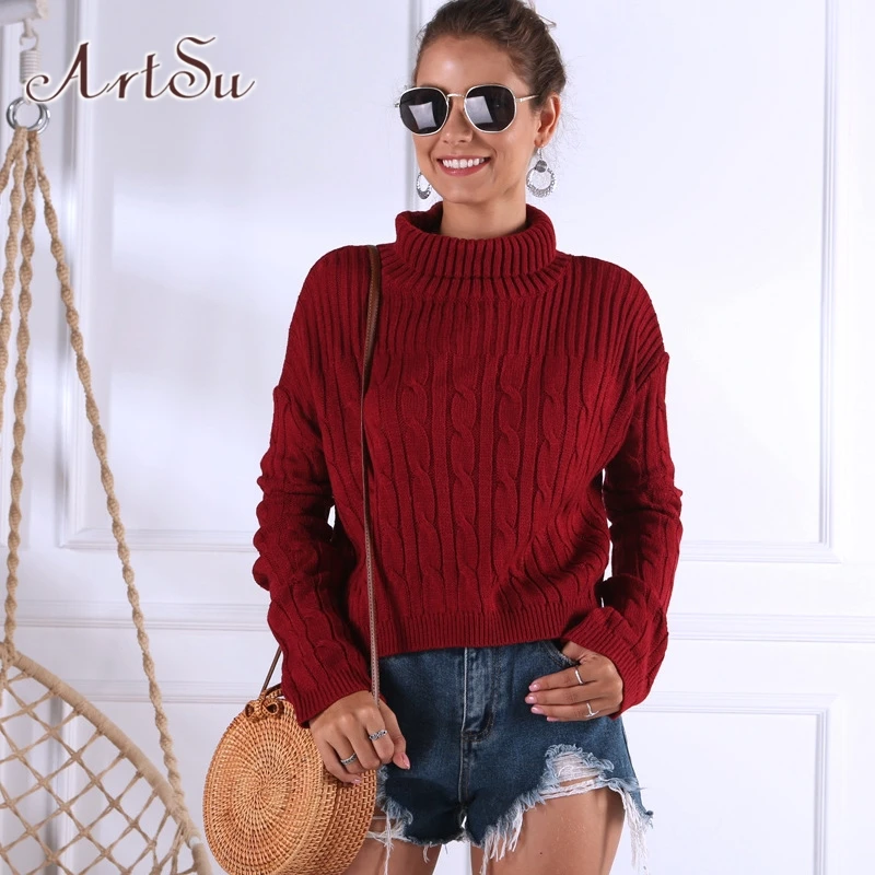 ArtSu Wine Red Sweater Turtleneck Long Sleeve Shirt Women Knitwear Crop Sweaters Pullover Jumper Fashion Winter ASSW20237 | Женская