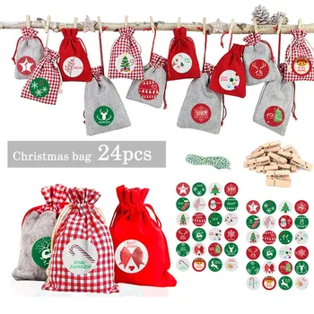 

Christmas Advent Calendar Bags Set 24 Days Burlap Advent Calendar Gift Drawstring Bags DIY Christmas Embellishments with Clips