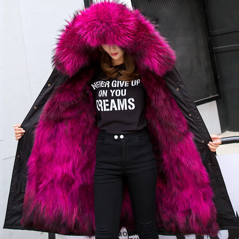 

Fandy Lokar Hooded Parkas Women Fashion Real Raccoon Fur Coats Women Elegant Medium Tie Belt Pockets Jackets Female Ladies HQ