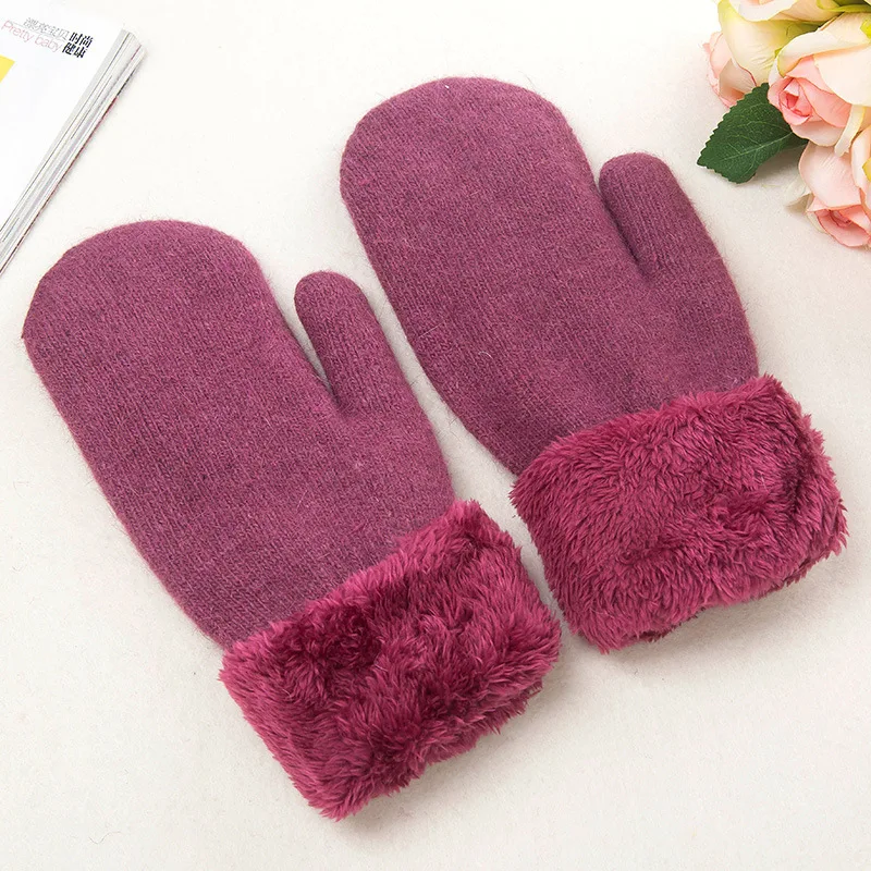purple Зимние теплые перчатки из шерстяного материала, Женские однотонные тянущиеся вязаные перчатки с ворсом, утолщенные теплые перчатки, один размер - Цвет: purple
