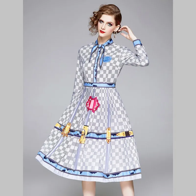Fashion Designer Runway Dress 2020 Spring Women Bowknot Long Sleeve Vintage Print Casual Elegant Midi | Женская одежда