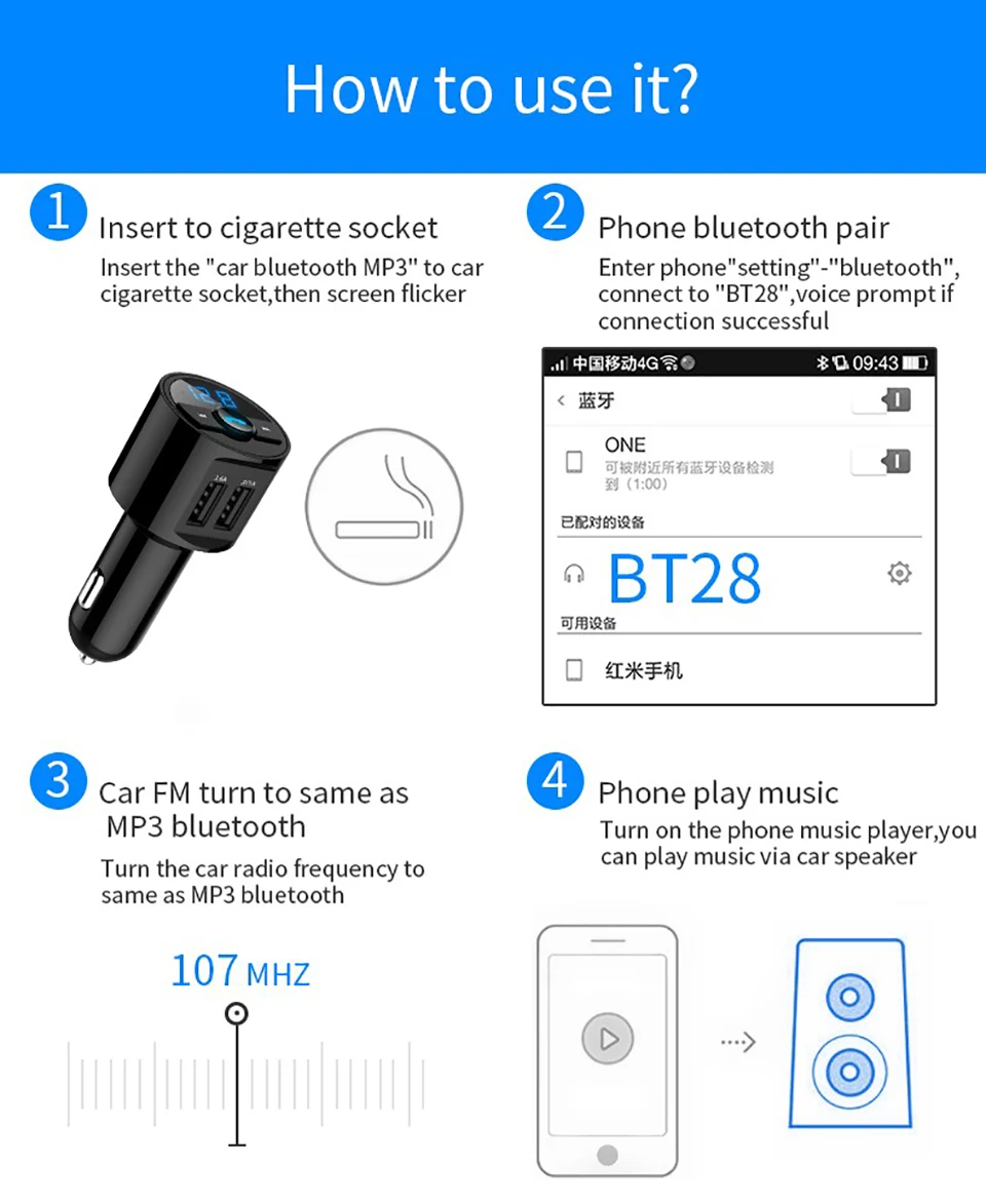 AOSHIKE A2DP Автомобильный MP3-плеер сигареты Bluetooth ресивер FM-передатчик с двумя портами USB 2,0 Зарядное устройство U диск