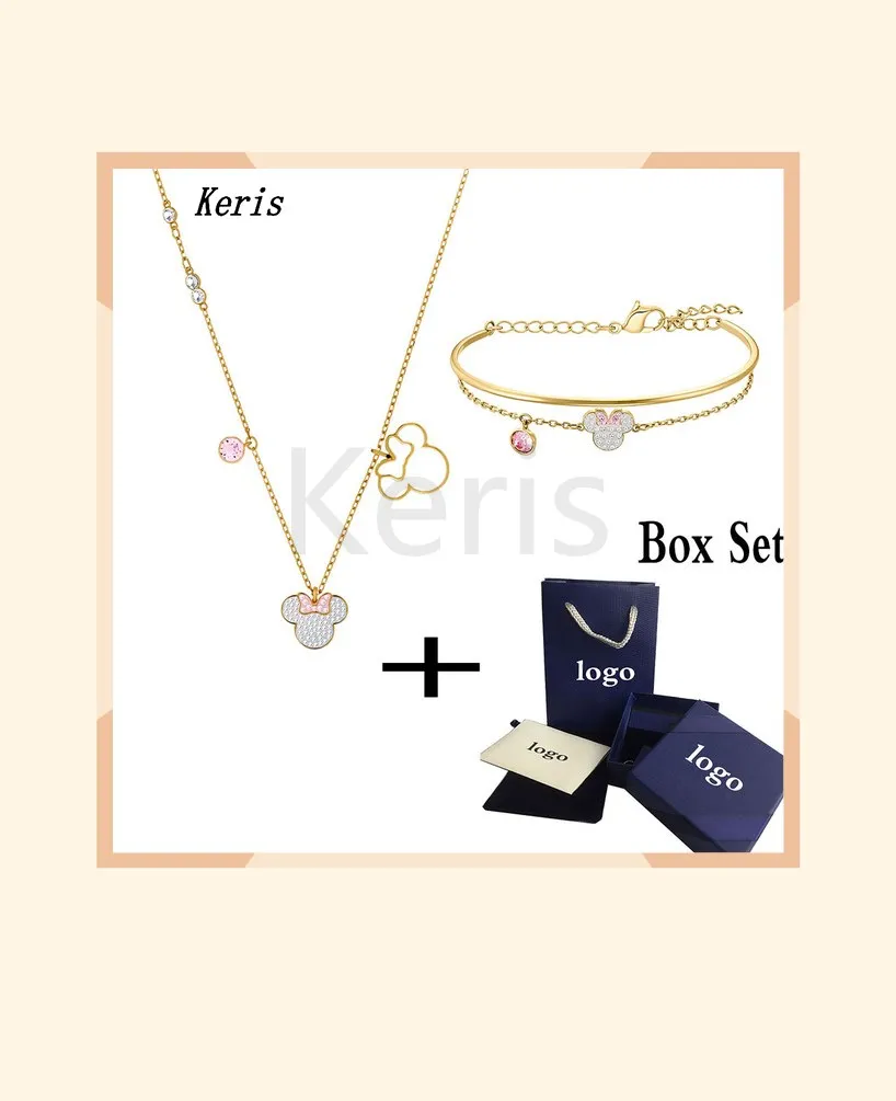 

2019 New Lucky My Mouse Set Logo Character Gold Romantic Wild Lovely Gorgeous Mouse Pink Bow Crystal Necklace Female Jewelry Set