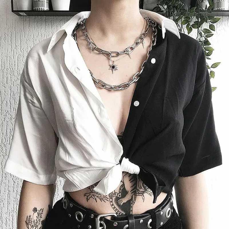 

Womens Summer Fashion Blouses Gothic Hip Hop Streetwear Short Shirts Black White Patchwork Short Sleeves Cardigan Blouses Tops