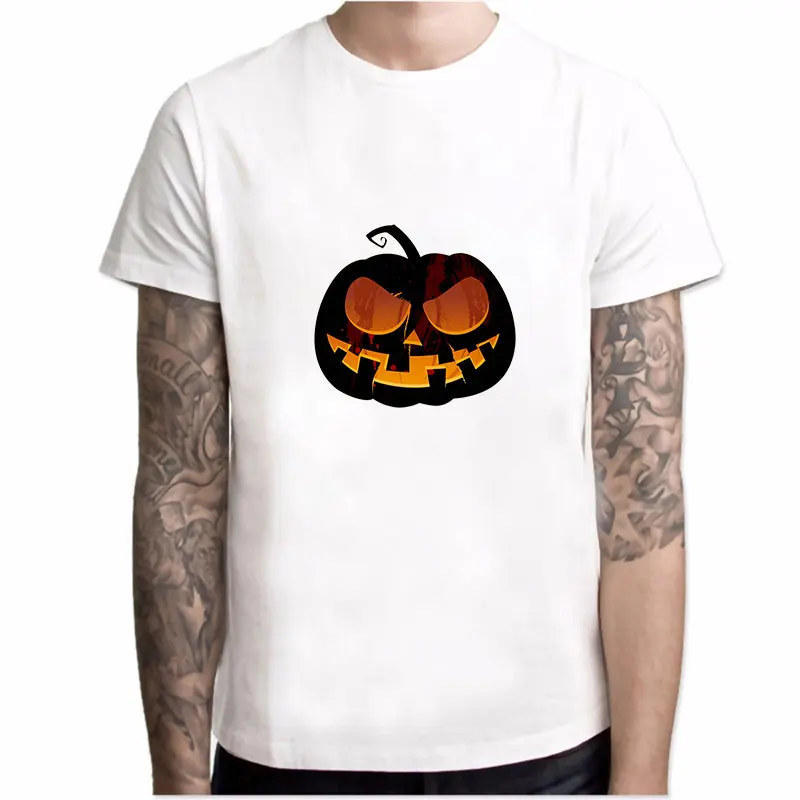 

MOUNTSHARP Funny Tshirt Men Harajuku Halloween Lantern Pumpkin Print Polyester Cotton Knitted O-Neck Casual Short Sleeve