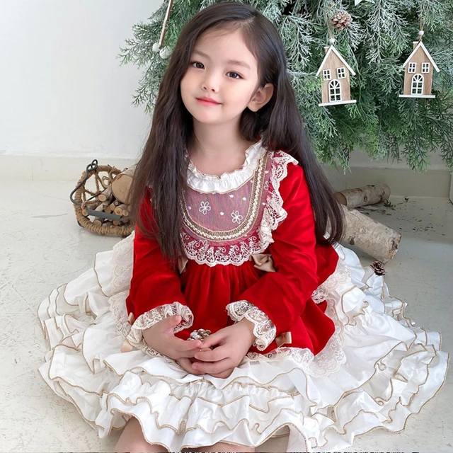 Vestido infantil para meninas, vestidos de veludo de renda para