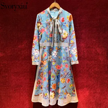 

Svoryxiu Elegant Blue Flower Printed Midi Dress Women's Long Sleeve Bow Collar Autumn Winter Runway Designer Slim Dresses Vestdios