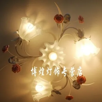 

European-style garden living room Romantic Restaurants white wrought iron pink ceramic flowers glass lampshade Ceiling Lamp c140