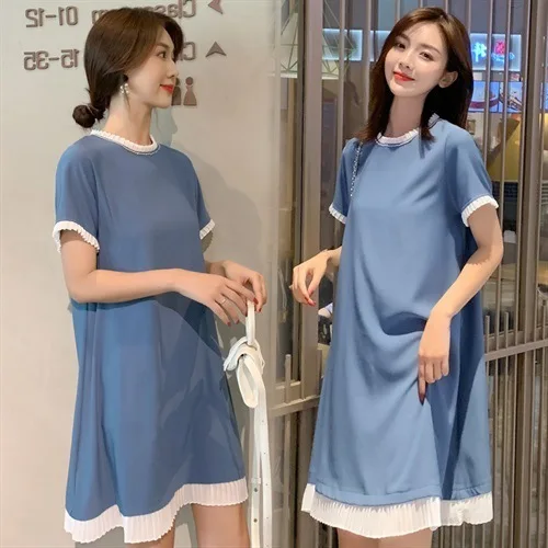 

2019 Online Celebrity Popular Graceful Short-sleeve Dress Women's Korean-style Crew Neck Ultra-Sweet Beaded Bracelet Lace Solid