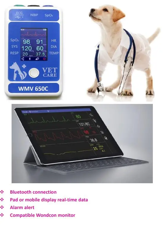  Wondcon 2.4 Inch Color TFT LCD Display Portable Veterinary Bluetooth Patient monitor SPO2 Bluetooth