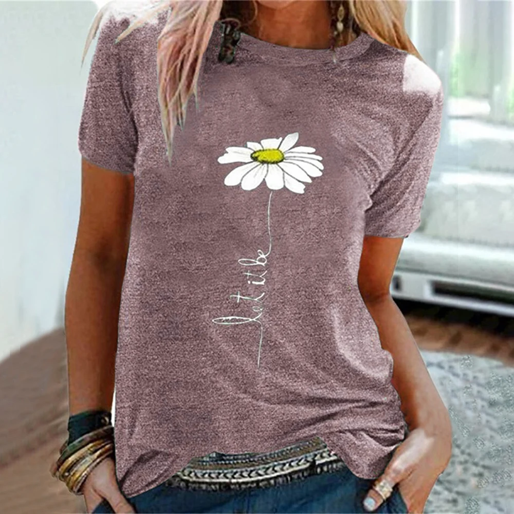 CYSINCOS Women Flower T-shirts Lady Fashion Short Sleeve Clothes Summer Shirt Top Tee O Neck Female Ladies Womens Tee T-Shirt