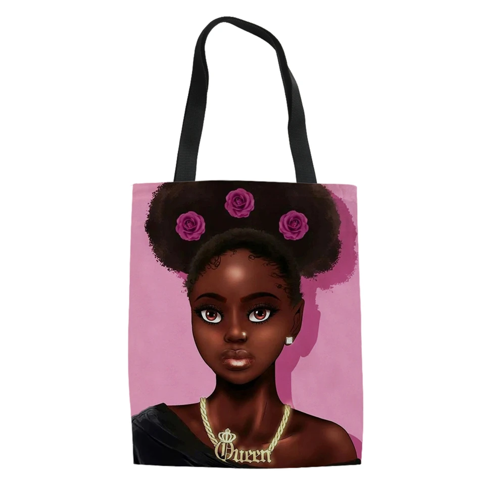 

HaoYun Fashion Women's Linen Bags African Girls Prints Pattern Girls Canvas Handbags Black Afro Arts Design Girls Hand Bags