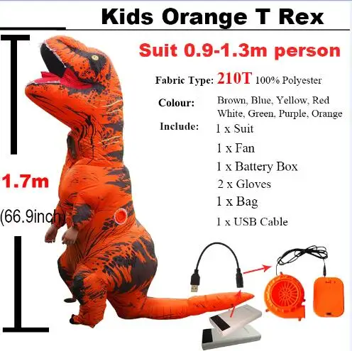 Надувной костюм для взрослых и детей, надувной Velociraptor костюм на Хэллоуин, костюм динозавра, маскарадный костюм динозавра - Цвет: Kids Orange T rex