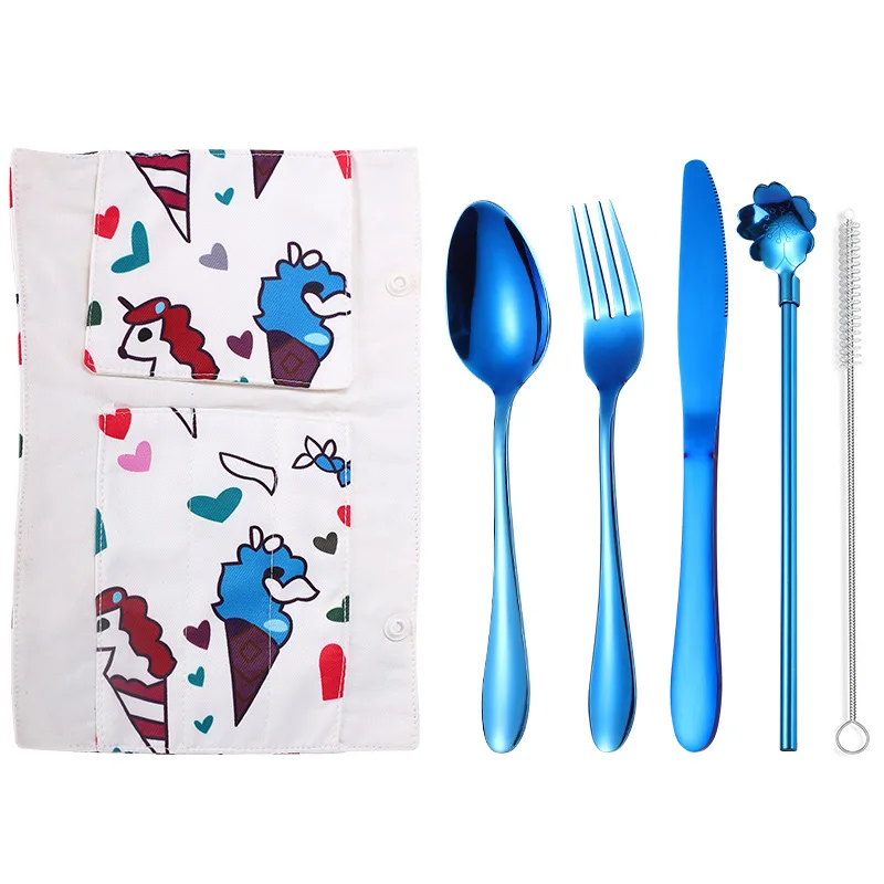 blue dinner set Набор посуды из нержавеющей стали набор столовых приборов многоразовые вилка ложка нож пипетка ложка Shcool работа на открытом воздухе путешествия портативные столовые приборы - Цвет: blue dinner set