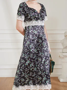 

2020 Spring Summer Women Floral Lace Patchwork Dress Square Collar High Waist Sweet Short Sleeve Female Mid-Calf Dress New
