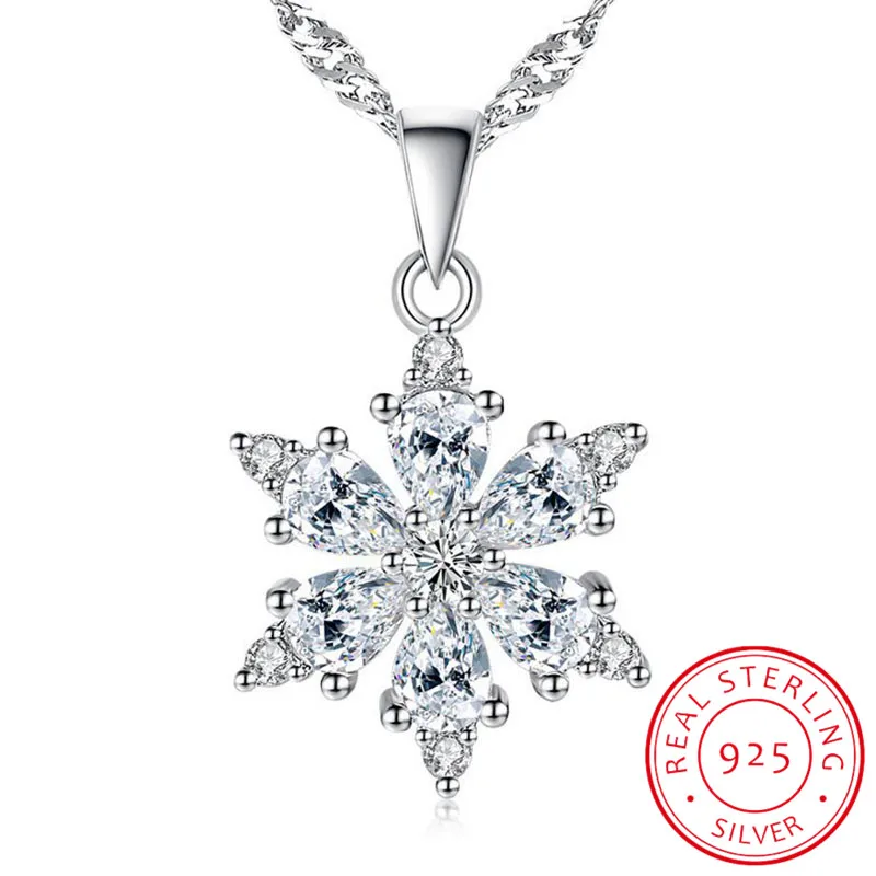 

925 Sterling Silver Fine Jewelry AAA Zirconia Snowflake Pendant Necklace For Women Gift 45cm Link Chain choker collares S-N134