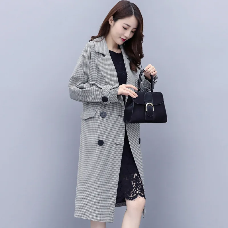 

2019 Spring Trend Simple Plaid Long Sleeve Polo Collar Cool Slimming Slim Fit Versatile Trench Coat