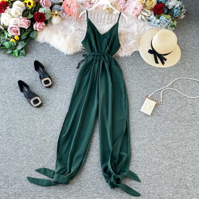 ALPHALMODA 2020 New Women Solid Sexy Jumpsuit Side Slit Binding Leg Ladies Summer Casual Sling Jumpsuit