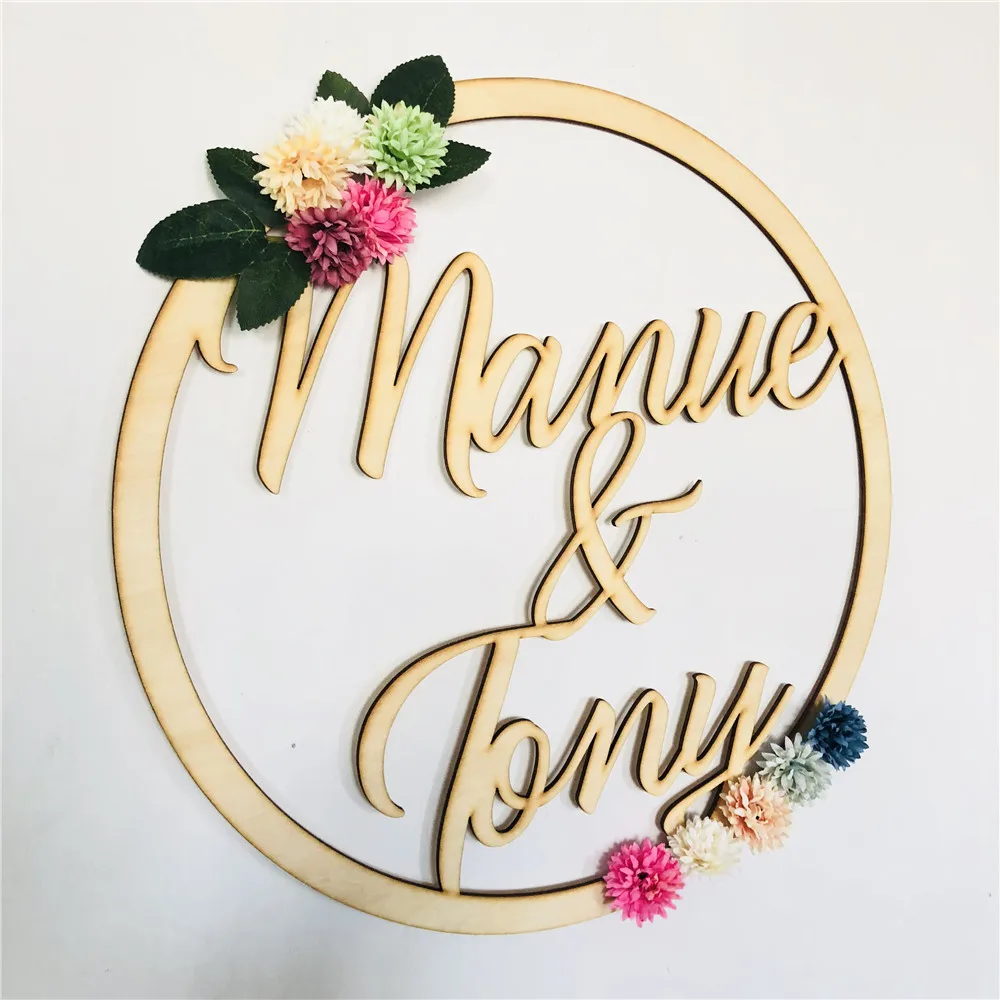 Custom Wreath Wooden Wedding Circle Hanging Personalized Couples Name Flower Sign Romantic Wooden Marriage Party Decorations