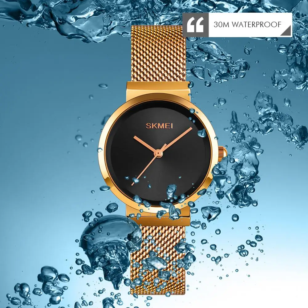 

Fashion Ultra-thin Womens Watches SKMEI Simple Quartz Stainless Steel Mesh Rose Gold Waterproof Ladies Watch Montre Femme