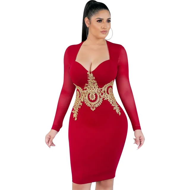 New Fashion Sexy Strapless Women Bandage Bodycon Desigual Dress Long Sleeve Embroidery Party Dresses Red