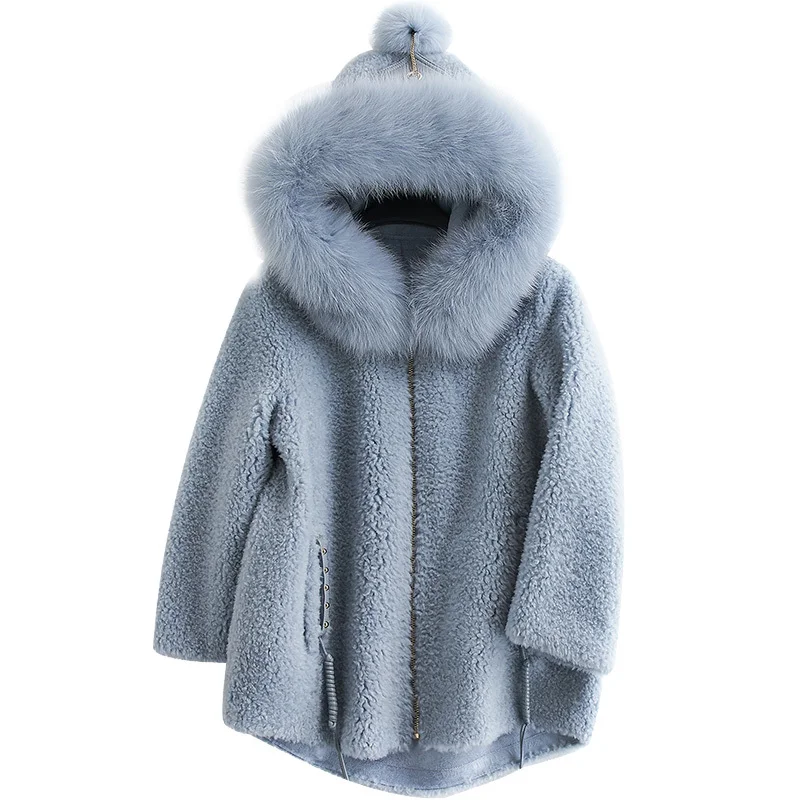 

2020 New Winter Long Sheep Shearing Leather And Fur Loose Coat Even Hat Lamb Wool Coat Woman