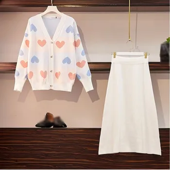 

2019 Autumn Winter Women Love Pattern Cardigan Coat And Skirt Set V-Neck Girl Sweet Knitted Skirt Suit Casual Knitting Set
