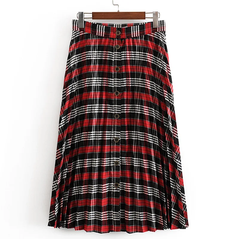 

RR Buttons Skirts Women Fashion Plaid Printed Skirt Women Elegant Pleated Mid Calf Skirts Female Ladies HAB