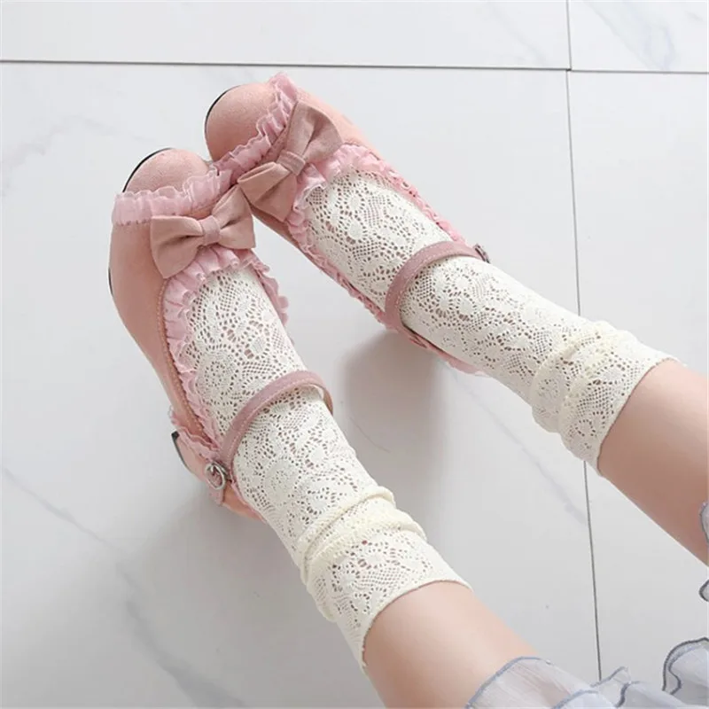 PXELENA JK Cute Lolita Girls Doll Mary Janes Shoes Women Ruffles Bowtie Block Med Heels Pumps Cosplay Japanese Dance Dress Pink | Обувь