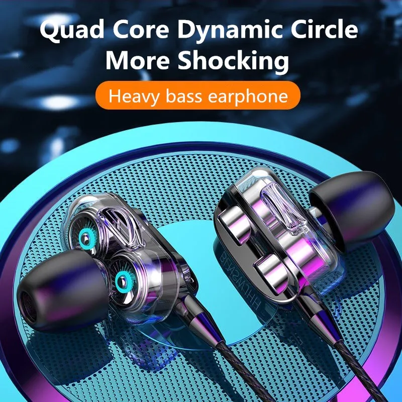 Dual Drivers Wired Earphone Four Core Dynamic HIFI Earphone Super