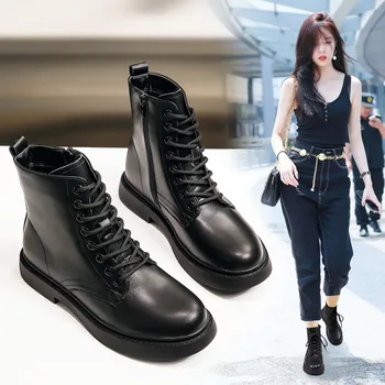 

Real leather boots children 2020 spring and autumn middle heel lace up new women's boots leather top boots women's