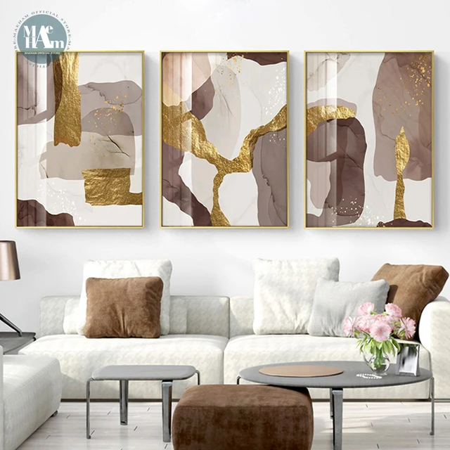 Abstract Marble Canvas Print Paintings Brown gold foil Poster Morden Wall Art Pictures on Canvas Living Room Office Home Decor 2
