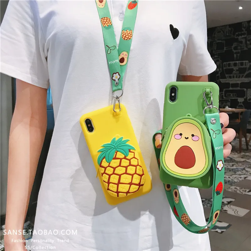

3D Cute Avocado Dumbo Bear Strawberry Wallet lanyard Phone Case For iPhone XR Case 6 7 8 Plus X XS Max Soft silicone Strap Cover