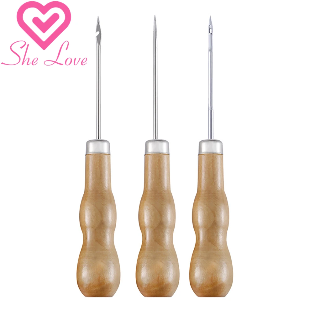 Handle Sewing Awl DIY Leather Craft Stitch Needle Canvas Punch Repair Tool 3PCS 