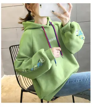 

Women's Flower Embroidered Plus Size Loose Hoodie Fall Winter Plus Velvet Thick Long Sleeve Double Drawstring Casual Sweatshirt