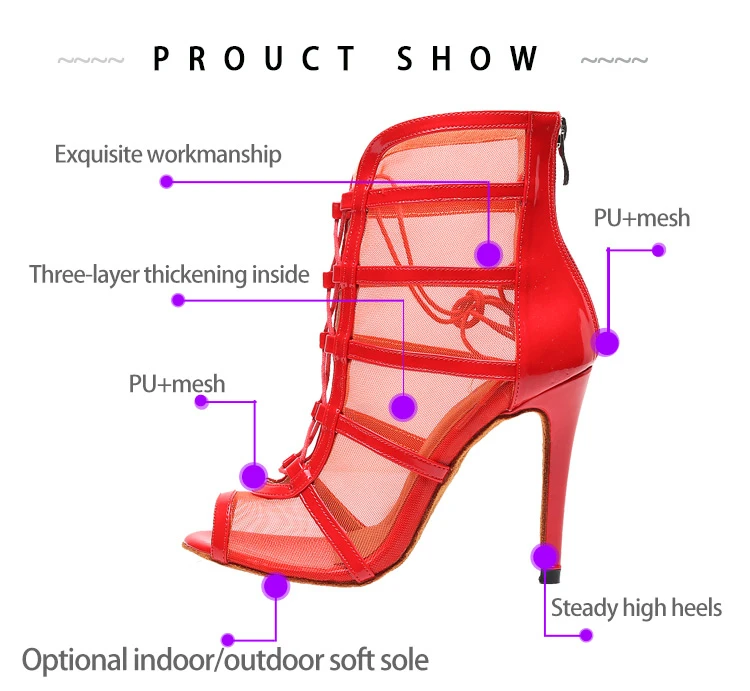 2020 New Salsa Jazz Outdoor Rubber Sole Social Latin Dance Shoes for Dancing Women Ladies Stylish High Heel Pu Boots Red