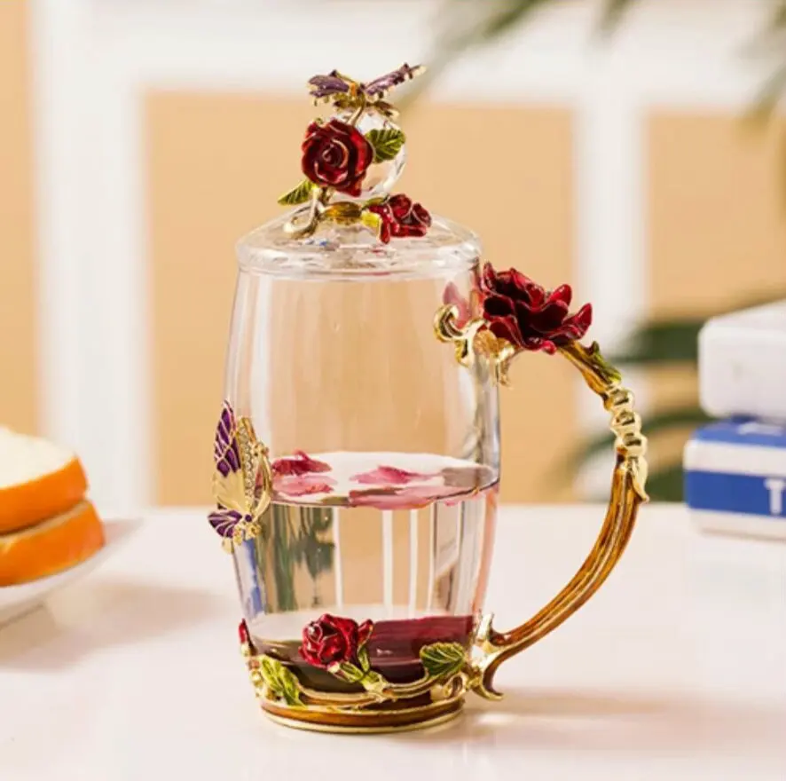1cupspoon1lid Красная роза, эмалированное стекло, кофейные кружки чашки для чая и кружки, ручной работы, термостойкие стаканы, стакан для воды, посуда для напитков, подарок для влюбленных, свадебная чашка - Цвет: 1cupspoon1lid