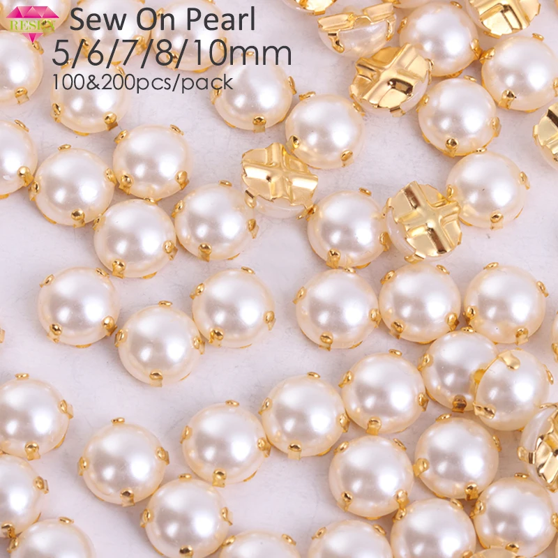 5//6//7//8//10mm White Sewing Pearl Beads Sew On Rhinestones with Silver//Gold Claw Half Round Pearl for Craft Garment,Gold,5mm 100pcs