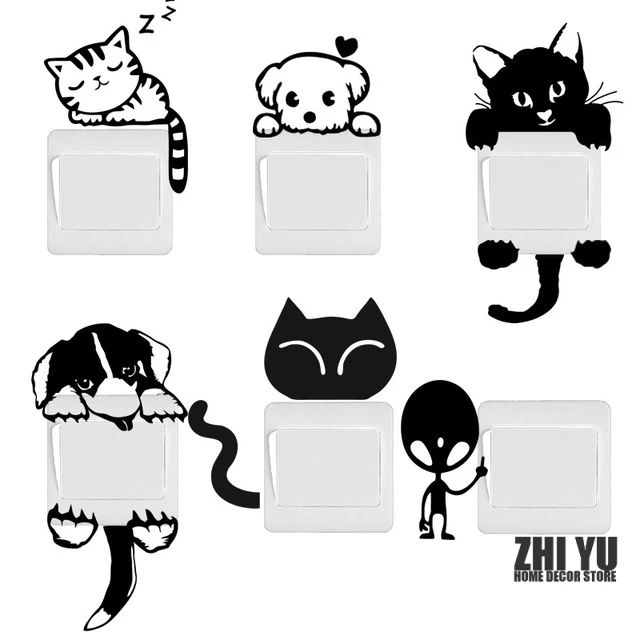 

Freeshipping DIY Funny Cute animal Switch Sticker for home decor Cat and dog alien pattern wallpaper