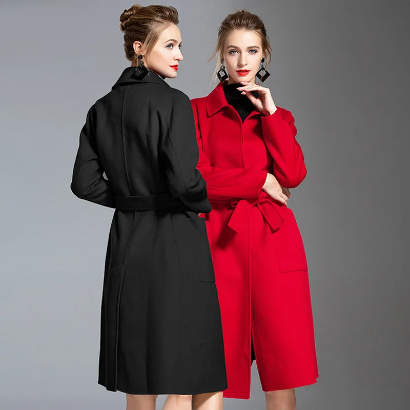 

long woolen blends cashmere coats for women 2019 autumn winter ladies jackets plus size overcoat black red water corrugated